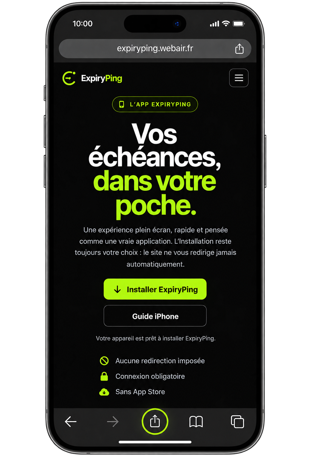Safari ouvert sur la page ExpiryPing avec le bouton Partager mis en évidence