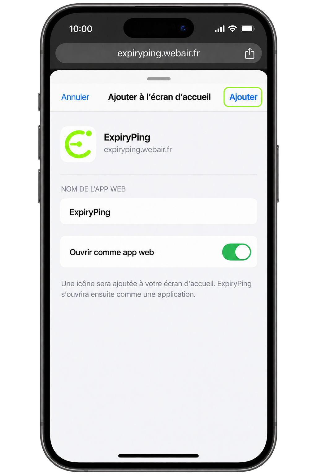 Écran de confirmation iOS avec Ouvrir comme app web et le bouton Ajouter